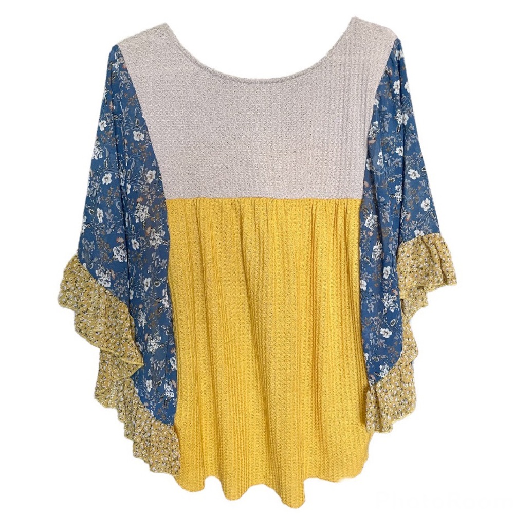 Umgee Floral Mixed Print Ruffled Bell Sleeve Waffle Knit Top